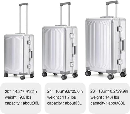 Metal all aluminum carry-on suitcase 20 "hard face, TSA lock and rotating wheel zippered luggage set (blue, 28 '')