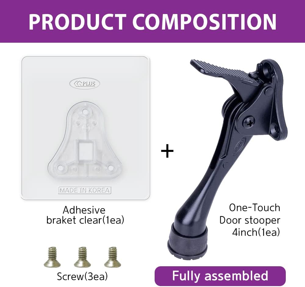Door Stopper with Adhesive Bracket Stickers, No Drilling or Tools Needed, Available for All Doors, Door Holder, Heavy Door Stop, KickDown Door Stoppers, Bottom of Door by HASHI (Black/Bracket 4pack)