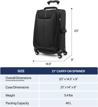 Travelpro Maxlite 5 Softside Expandable Carry-On Luggage with Spinner Wheels, Lightweight, 21-Inch — Black
