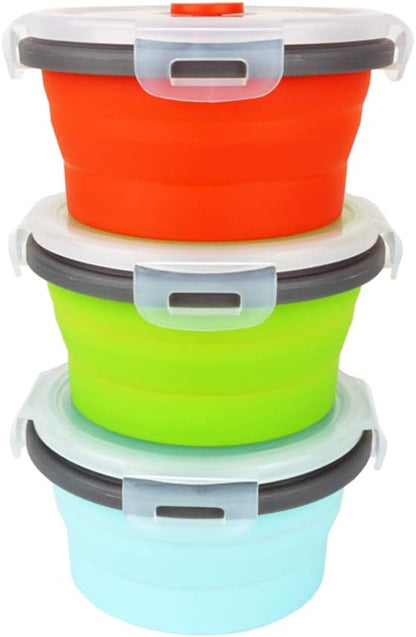 Ecomorning 3Piece Round Collapsible Lunch Container Silicone Food Storage Containers Collapsible Camping Bowl with Airtight Silicone Lids, Microwave, & Freezer Safe, 350ML