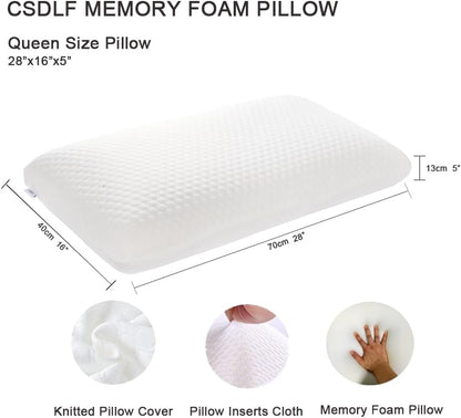 Memory Foam Bed Pillows, Pillow for Side and Back Sleeper, Pillow for Neck Pain Relief, Washable Removable Cover, Soft, White (Queen)