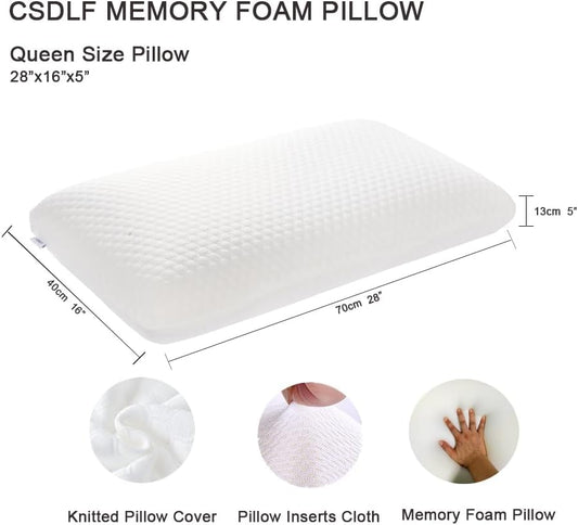 Memory Foam Bed Pillows, Pillow for Side and Back Sleeper, Pillow for Neck Pain Relief, Washable Removable Cover, Soft, White (Queen)