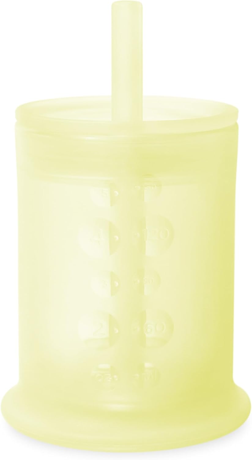 Olababy Silicone Training Cup with Straw Lid | Babies Water Drinking Cup | 6+ Mo Infant To 12-18 Months Toddler | Sippy Cup For Kids & Smoothie Cup | Baby Led Weaning (Lemon, 5 oz)