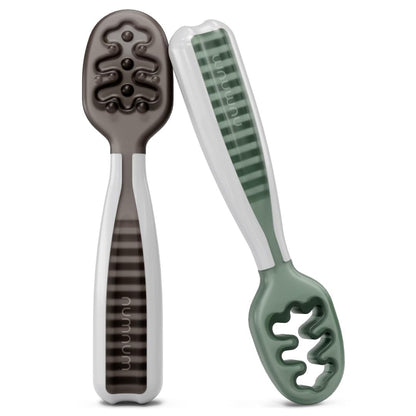 NumNum Baby Spoons Set, Baby Essentials Pre-Spoon GOOtensils for 6+ Months, First Stage Self-Feeding Spoons for Baby Led Weaning (BLW), Silicone Toddler Utensils, BPA-Free, 2 Pack Gray/Green