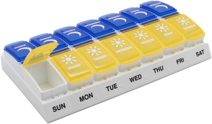 EZY DOSE Weekly (7-Day) AM/PM Pill Organizer, Daily Vitamin Container and Medicine Box, Large Pop-Out Compartments, Designed for Travel, 2 Times a Day, Blue and Yellow Lids