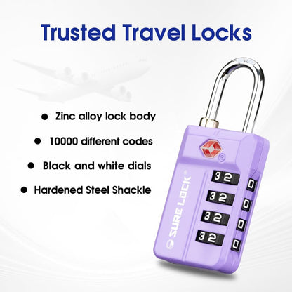 SURE LOCK TSA-Approved 4-Digit Resettable Combination Luggage Lock with Open Alert, Easy-Read Dials - for Luggage, School Lockers, Gym, Office, Toolbox & Security Cases (Purple 2 Pack)