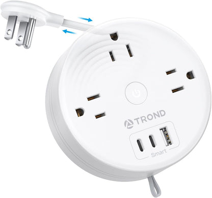 TROND Travel Power Strip - Retractable Extension Cord 5ft Ultra Thin Flat Plug, Retractable Power Strip with 3 AC Outlets 3 USB Ports (2 USB C), Cruise Ship Essentials, for Home Hotel Dorm Room, White