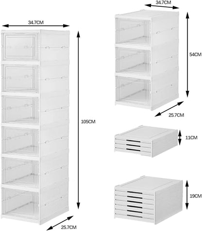 Shoe Organizer Foldable Shoe Rack, No Assembly Box Covered Shoe Storage with Doors, Free Standing Space Saving Shoe Box Stackable Dustproof 6,3 (1×6 Tiers)