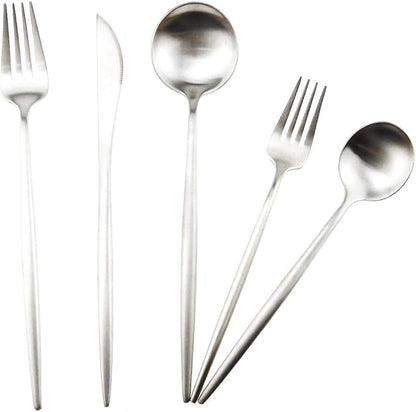 Matte Silver Silverware Set,Gugrida 5-Piece 18/10 Stainless Steel Satin Finish Flatware Set,Kitchen Utensil Set,Tableware Travel Cutlery Set for Camping Office or School Lunch, Dishwasher Safe