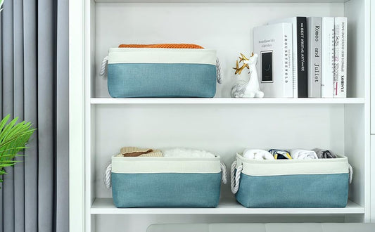 TheWarmHome Fabric Storage Bin with Handles,Storage Basket for Home Storage and Organization, Shelf Basket with Cover for Living Room Bedroom Closet（White & Green Medium 13.8L×9.8W×6.7H