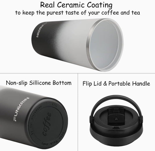 Funkrin Insulated Coffee Mug with Ceramic Coating, 16oz Iced Coffee Tumbler Cup with Flip Lid and Handle, Double Wall Vacuum Leak-Proof Travel Mug for Office School Party Camping