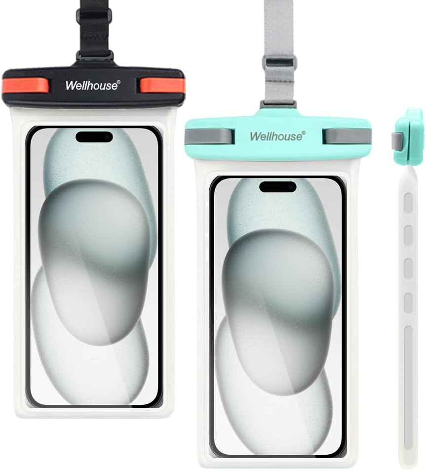 wellhouse Waterproof Phone Pouch, Waterproof Phone Case for iPhone 16 15 14 13 12 Pro Max XS Samsung, IPX8 3D Cellphone Dry Bag Beach Essentials (2 Pack - Black & Green7.0， 7 inch)