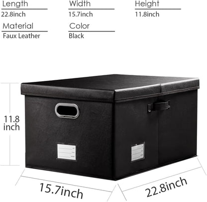 PRANDOM Collapsible Storage Box with Lid [3-Pack] Leather Fabric Foldable Storage Bin Organizer Container Basket Cube with Cover for Home Bedroom Closet Office Nursery Black(22.8X15.7X11.8)
