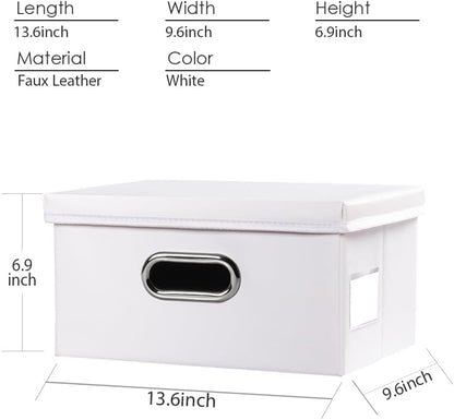 PRANDOM Collapsible Storage Box with Lid [3-Pack] Leather Fabric Foldable Storage Bin Organizer Container Basket Cube with Cover for Home Bedroom Closet Office Nursery White(13.6x9.6x6.9)