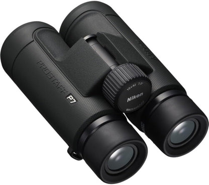 Nikon PROSTAFF P7 10x42 Binoculars Bundled with Harness Strap + Deluxe Cleaning Kit + Smartphone to Binocular Adapter + Microfiber Cleaning Cloth (5 Items)