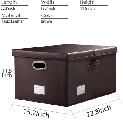 PRANDOM Collapsible Storage Box with Lid [3-Pack] Leather Fabric Foldable Storage Bin Organizer Container Basket Cube with Cover for Home Bedroom Closet Office Nursery Brown(22.8X15.7X11.8)