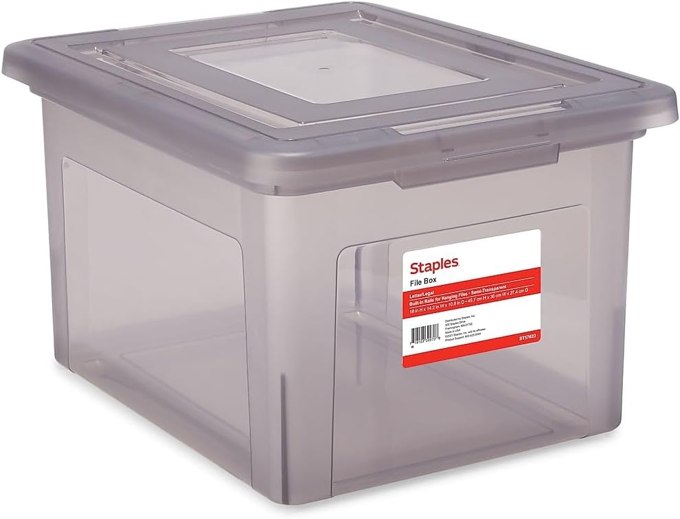 STAPLES Hanging File Folder Box, Storage Bin Organizer, Snap Lid, Letter & Legal Size Documents, Frost Gray