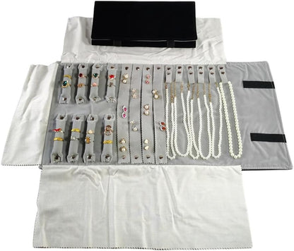 Velvet Travel Jewelry Case Roll Bag Organizer for Necklace Bracelet Earrings Ring (Black) (Black and Grey)