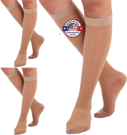 (3 Pairs - Closed Toe) Made in USA - Sheer Compression Stockings for Women 15-20mmHg - Womens Compression Socks for Circulation during Travel, Airplane, Sport, Athletic - Natural, X-Large - A101NA4-3