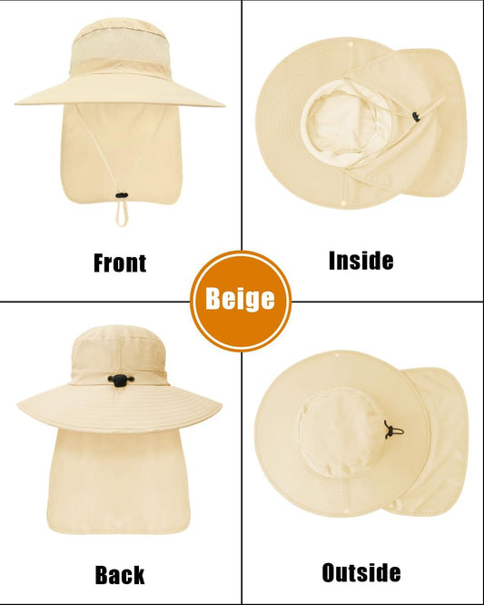 Outdoor Sun Hats with Stowable Neck Flap for Men Women UPF 50+ Mesh Summer Bucket Hat Wide Brim for Fishing Safari Hiking