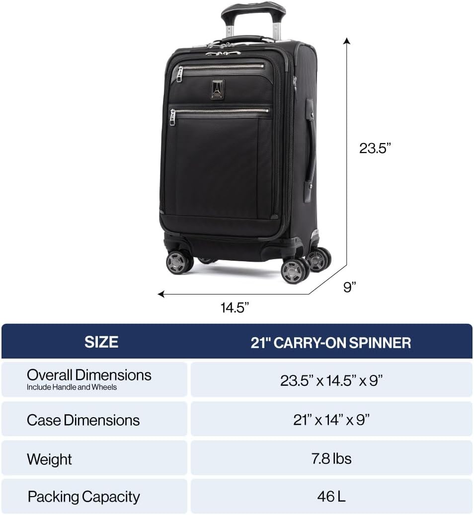 Travelpro Platinum Elite Softside Expandable Carry on Luggage, 8 Wheel Spinner Suitcase, USB Port, Suiter, Men and Women, Dark Blue, Carry On 21-Inch