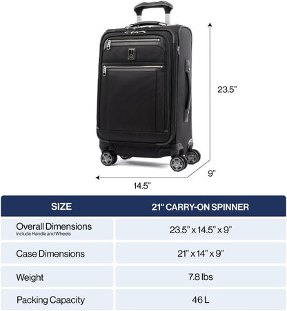 Travelpro Platinum Elite Softside Expandable Carry on Luggage, 8 Wheel Spinner Suitcase, USB Port, Suiter, Men and Women, Dark Blue, Carry On 21-Inch