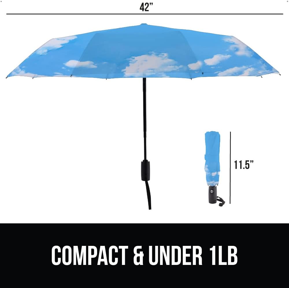 GORILLA GRIP Strong Stick Umbrella for Rain, Compact Travel One-Click Automatic Open Close, Lightweight, Portable, US Designed Reinforced Fiberglass Ribs, Wind Resistant, Easy Collapse, Sky Blue