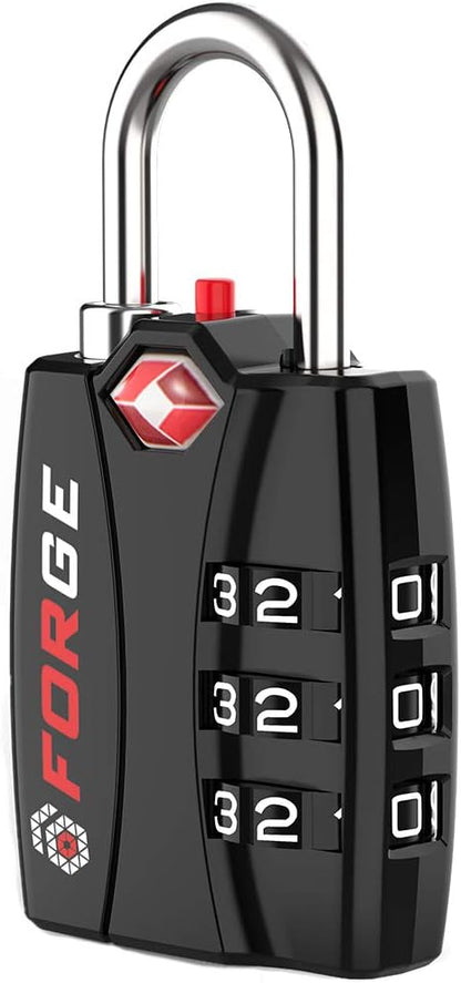 Forge Luggage Locks TSA Approved Black 1 Lock, Small Combination Lock with Zinc Alloy Body, Open Alert, Easy Read Dials, for Travel Suitcase, Bag, Backpack, Lockers.