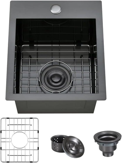 ARTLINE 13 x 15 Inch Black Drop in Bar Sink, Stainless Steel Single Bowl Kitchen Sink, Small Topmount 9 Inch Deep Wet Bar sink for Outdoor Prep RV Yard Laundry Utility with Dish Grid & Drain
