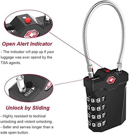 ZHEGE Travel Locks, TSA Approved Locks for Luggage, 4 Digit Cable Lock with Inspection Indicator for Luggage Suitcase, Backpack, Baggage, Easy to Read（4 Pack, Black）