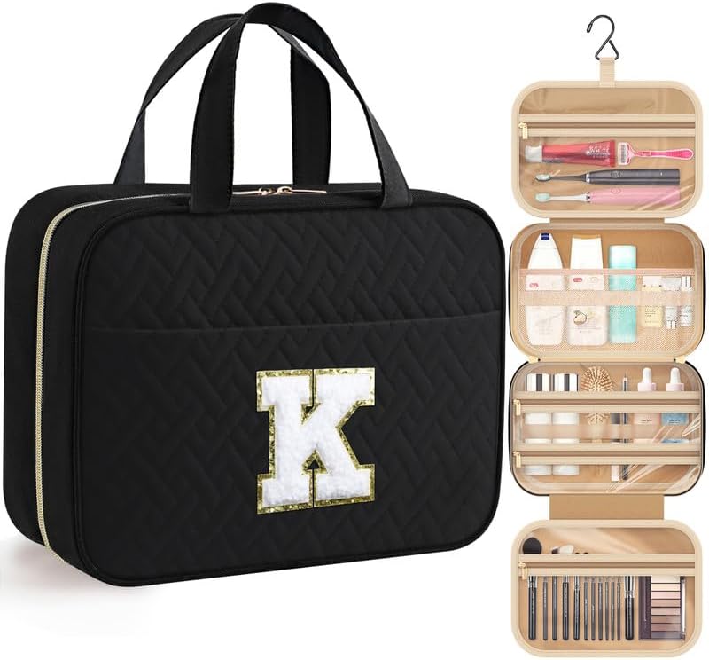 HOTOR Travel Toiletry Bag - Personalized Chenille Initial Makeup Bag, Water-Resistant Personalized Gifts for Women, Portable Travel Accessories & Essentials, Letter K, Black, 11.4"×9.0"×3.35"