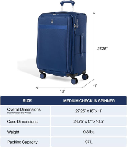Travelpro VersaPack+ Lightweight Softside Expandable Checked Luggage, 8 Spinner Suitcase, TSA Lock, Men and Women, Checked Medium 25-Inch, Black