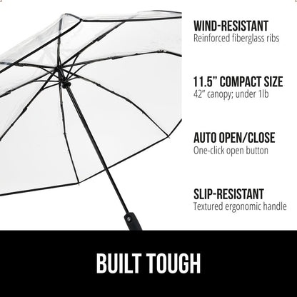 GORILLA GRIP Strong Stick Umbrella for Rain, Compact Travel One-Click Automatic Open Close, Lightweight, Portable, US Designed Reinforced Fiberglass Ribs, Wind Resistant, Easy Collapse, Clear