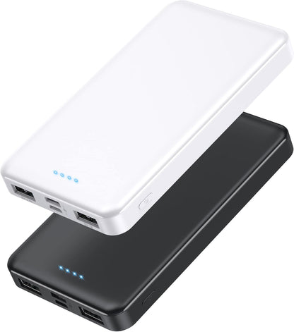 [2 Pack] Portable Charger Power Bank 10000mAh,Ultra Slim Compact External Battery Pack with USB C Input & Dual USB Outputs Backup Charger Compatible with iPhone 13,12, Samsung S20,Tablet -Black+White