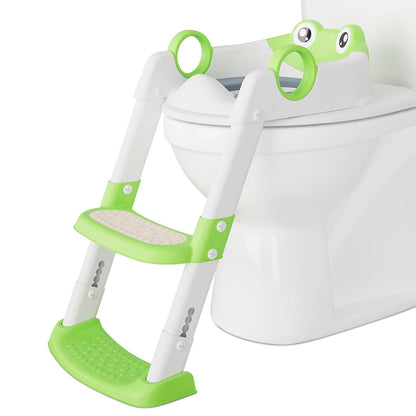 Potty Training Seat with Step Stool Ladder, Toddler Toilet Seat with PU Cushion, Adjustable 5-Level Height, Foldable Potty Training Toilet for Kids Boys Girls, Anti-Slip Pads Ladder