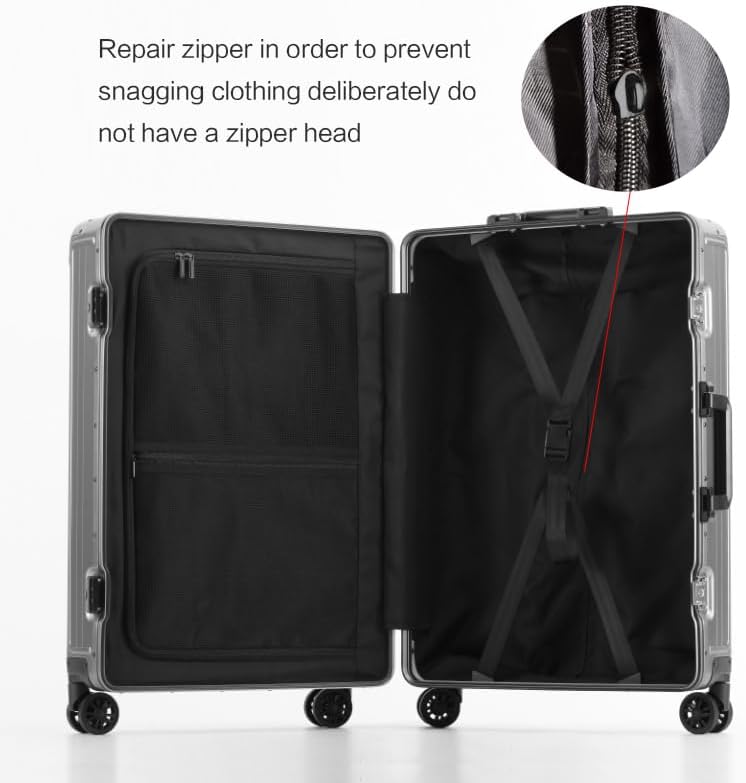 Metal all aluminum carry-on suitcase 20 "hard face, TSA lock and rotating wheel zippered luggage set (silvery, 2Piece(20/28))
