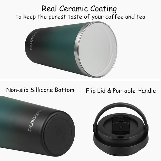Funkrin Insulated Coffee Mug with Ceramic Coating, 16oz Iced Coffee Tumbler Cup with Flip Lid and Handle, Double Wall Vacuum Leak-Proof Travel Mug for Office School Party Camping