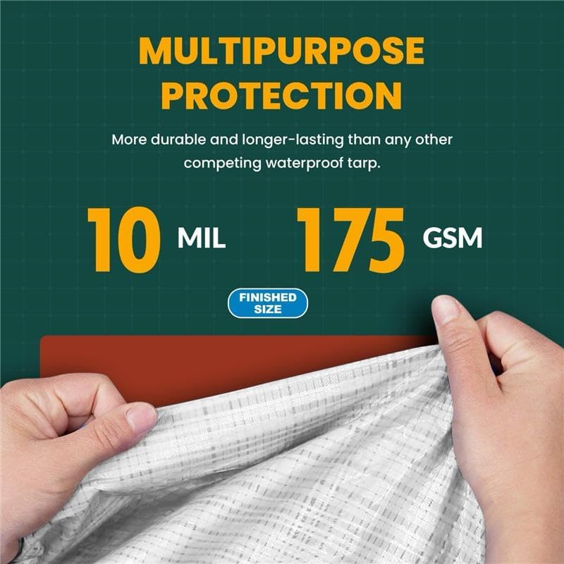 Large Waterproof Tarp - Heavy Duty 10 Mil Thick Poly Tarpaulin Ideal for Canopy Tents, Boats, RV or Pool Covers - Multipurpose Protective Tarps with Grommets for Indoor and Outdoor Use | 16' x 20'