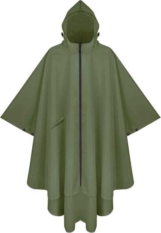 PTEROMY Hooded Rain Poncho for Adult with Pocket and Zipper, Waterproof Lightweight Raincoat for Men and Women
