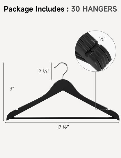 StorageWorks Black Wooden Hangers, 30 Pack Wood Hanger for Closet, Coat Hangers for Coats, Shirts, Pants, Suits