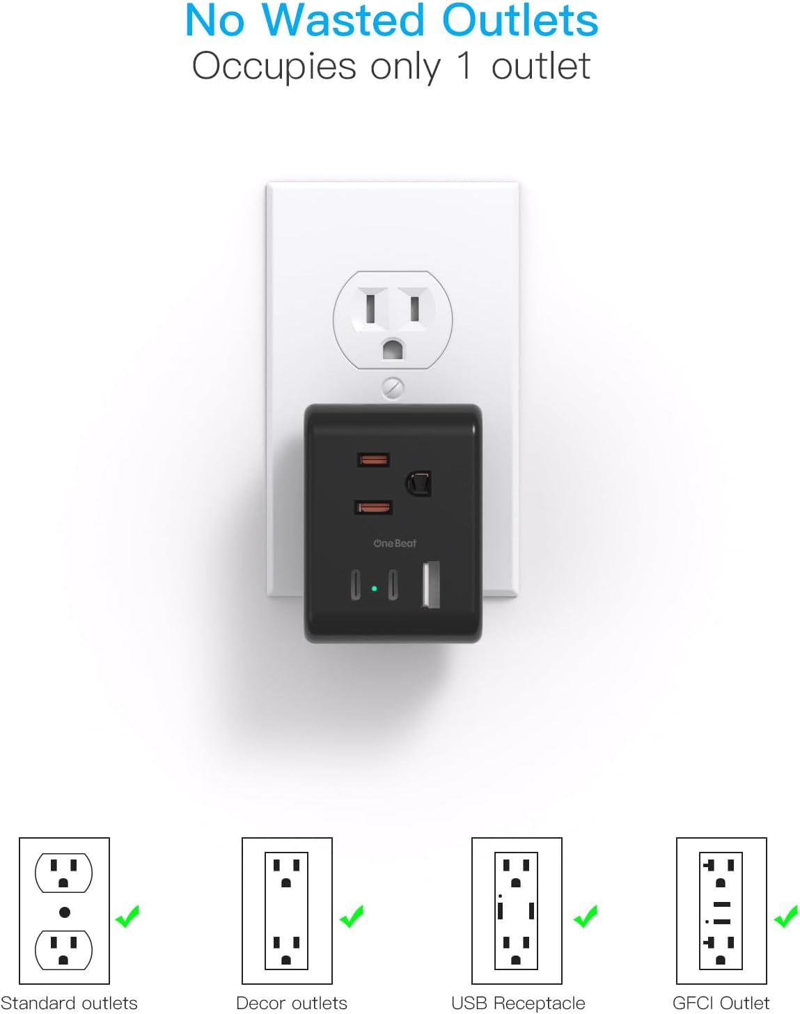 Multi Plug Outlet Extender, Power Strip Non Surge Protector Electric Outlet Splitter with 3 USB Wall Charger (2 USB C), Multiple Outlet Expander for Cruise, Dorm, Travel, Home, Office(Black)