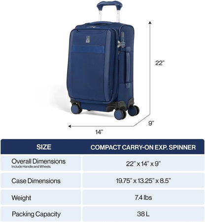 Travelpro VersaPack+ Lightweight Softside Expandable Carry on Luggage, 8 Spinner Suitcase, TSA Lock, Men and Women, Compact Carry On 20-Inch, Black