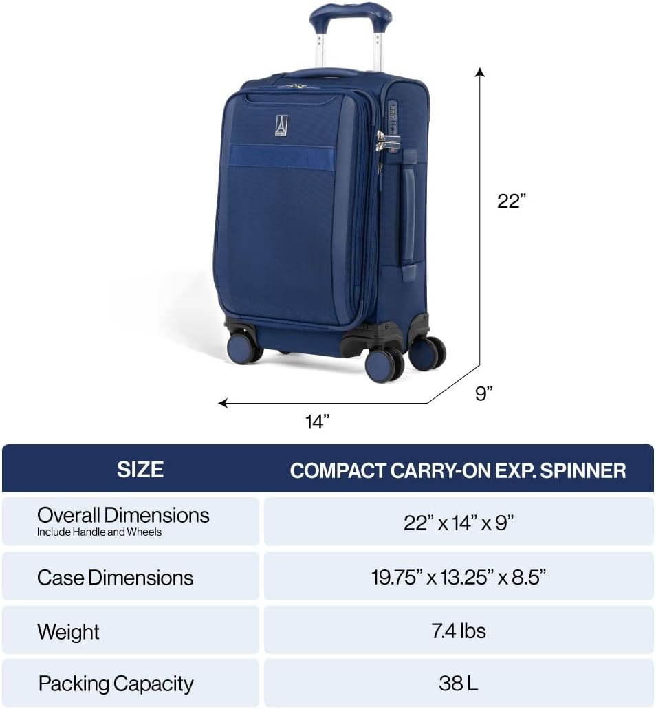 Travelpro VersaPack+ Lightweight Softside Expandable Carry on Luggage, 8 Spinner Suitcase, TSA Lock, Men and Women, Compact Carry On 20-Inch, Elemental Blue