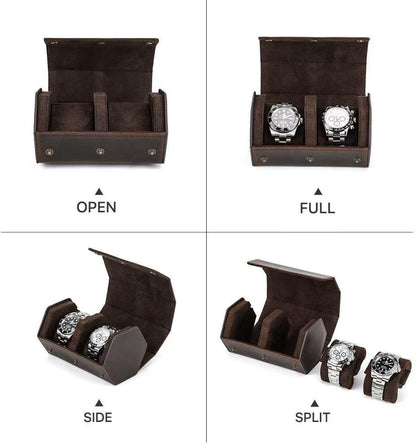 Genuine Leather Watch Roll Travel Case, Vintage Full Grain Leather Hexagon Watches Storage Organizer with Display Removable Pillows & Solid Dividers for Home Storage &Display (2 Slot)