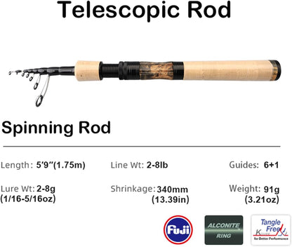 PURELURE Telescopic Fishing Rod Ultralight or Light, Carbon Fiber Rod Spinning & Casting, Fuji Alconite Ring and Reel Seat, One-Piece Mixed Carbon/4A Cork Handle, Spare Solid Tip, Portable Travel Rod