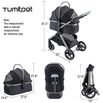 Pet Stroller for Small Medium Dogs, Cat Carriage Travel System Four Wheel Dog Stroller with Carrier, Zipperless Entry/Cup Holder/Storage Basket