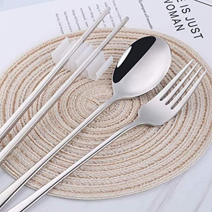 Portable Travel Flatware 3PCS Spoon Fork Chopsticks Set 18/10 Stainless Steel with Case and Bag for School Work Office lunch (Silver)
