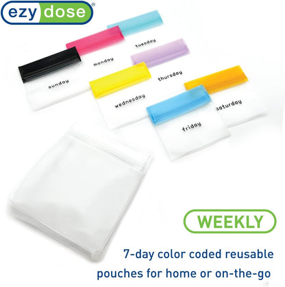 EZY DOSE Reusable 7-Day Pill Pouch Set, Durable Multi-Purpose Travel-Sized Baggies, Includes Days of The Week Labels w/Color for Easy Identification, Silicone Storage, Clear, BPA Free, TSA Approved