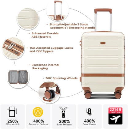 Luggage Sets, Suitcase with Spinner Wheels, PC+ABS Hardshell Travel Luggage Set with TSA Locks,Lightweight Rolling Luggage，Carry on suitcase with YKK Zippers (Beige)