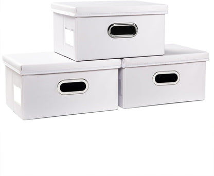 PRANDOM Collapsible Storage Box with Lid [3-Pack] Leather Fabric Foldable Storage Bin Organizer Container Basket Cube with Cover for Home Bedroom Closet Office Nursery White(13.6x9.6x6.9)